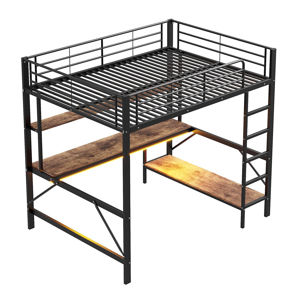 Loft Bed 140x200cm Desk LED USB/Power Outlet Shelf - Metal Black