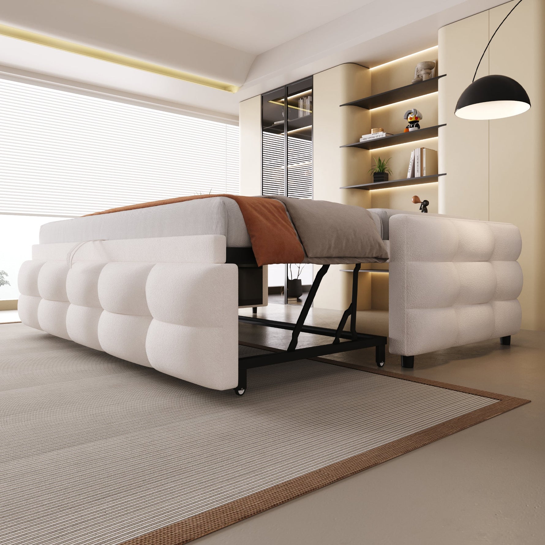 Extendable Upholstered Sofa Bed with Slatted Frame and 90/180x190cm Mattress Support, Beige Teddy Velvet