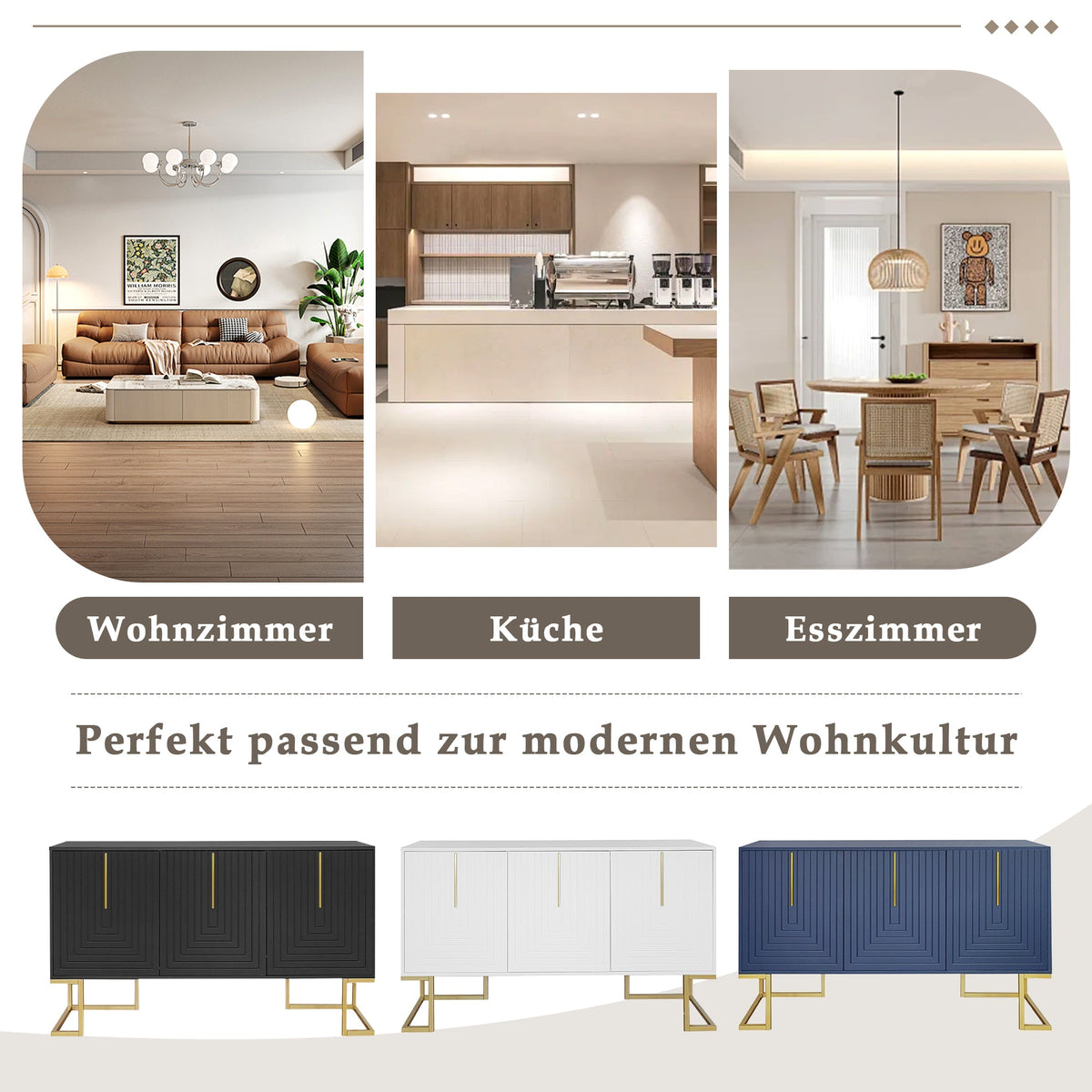 Sideboard, 3-Door with Adjustable Shelves & Metal Handles, Black