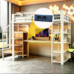 Iron Loft Bed 90x200cm with Desk, Pegboard & Storage - White