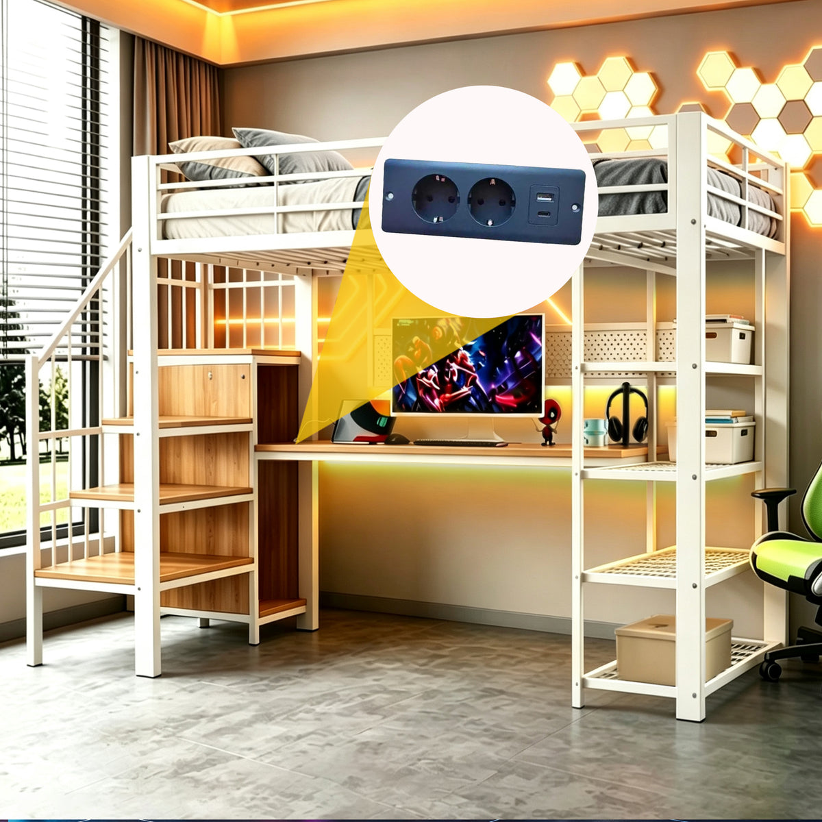 Iron Loft Bed 90x200cm with Desk, Pegboard & Storage - White