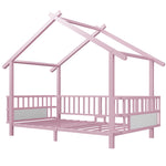 House Children's Bed Frame 90x200cm with Safety Rail, Pink Metal