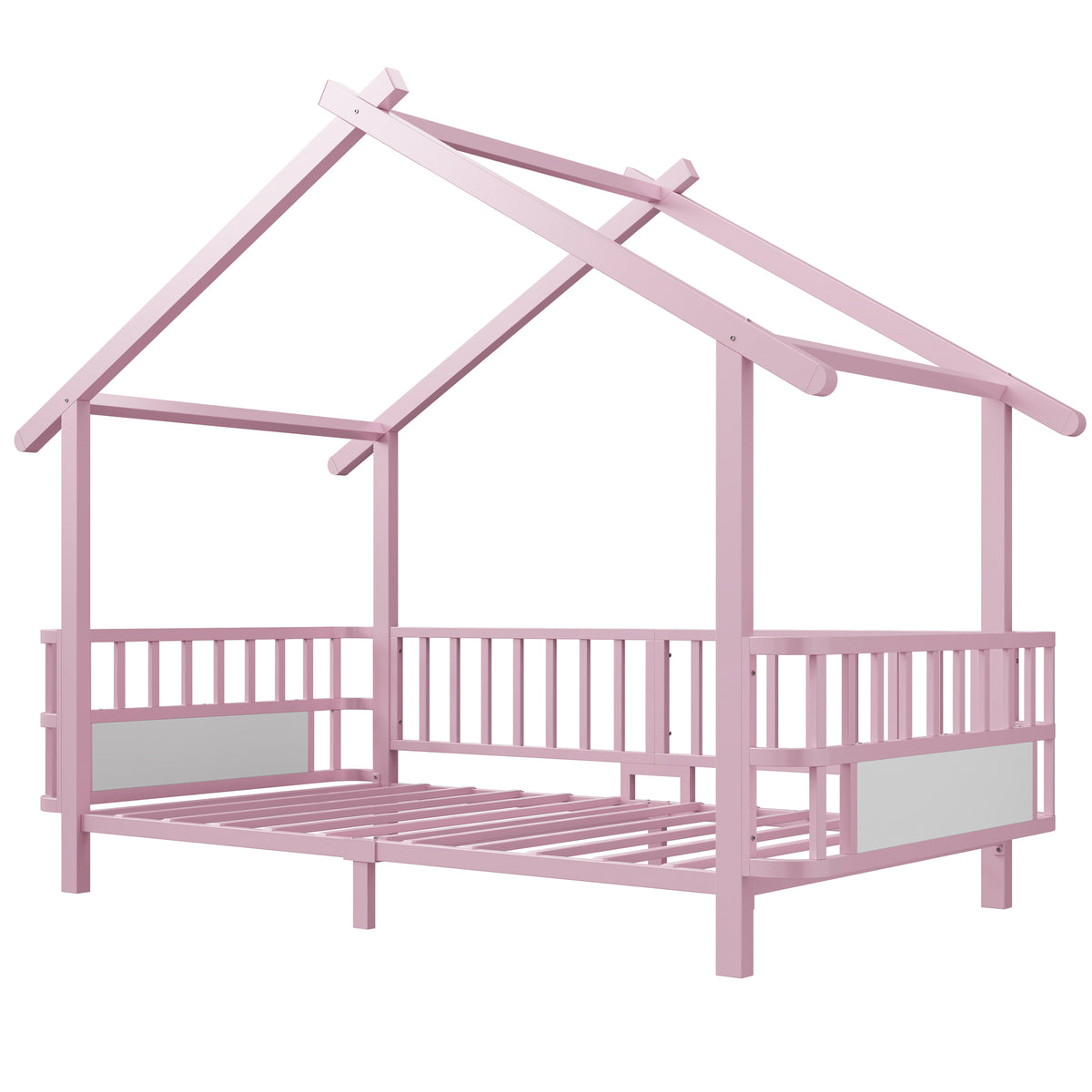 House Children's Bed Frame 90x200cm with Safety Rail, Pink Metal