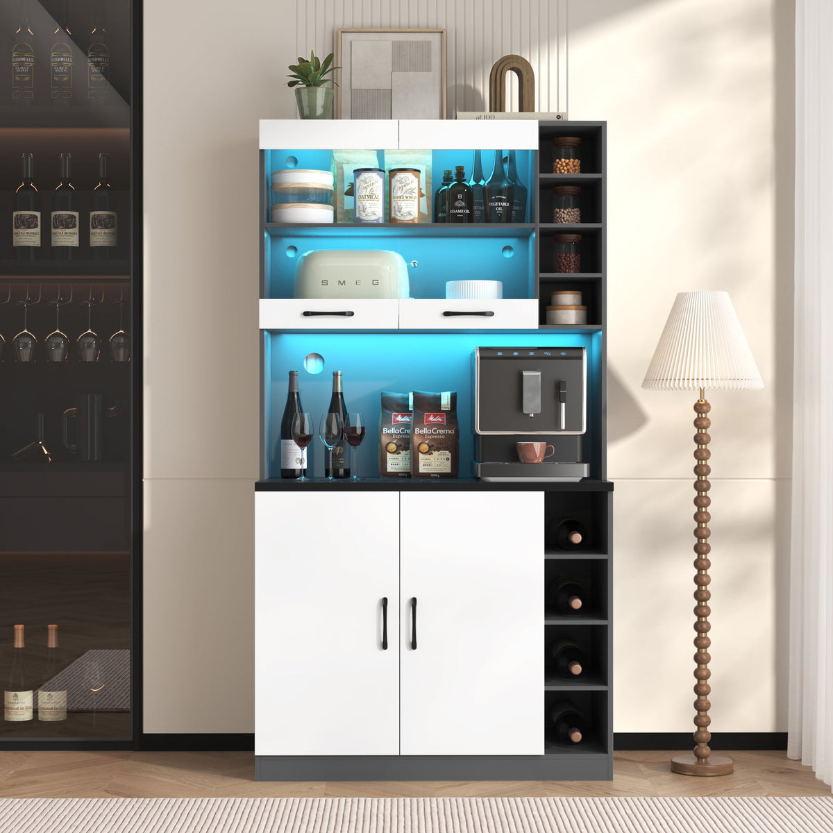 Kitchen Highboard Buffet 100x47x187cm LED Lighting Microwave Adjustable Shelves - Wooden