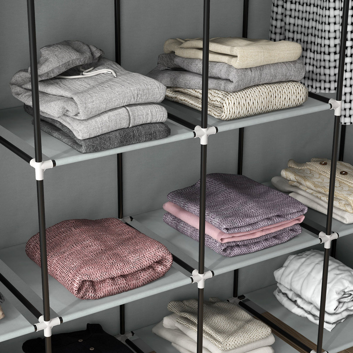 Fabric Wardrobe, Clothes Rail 10 Compartments 4 Drawers, Dark Grey