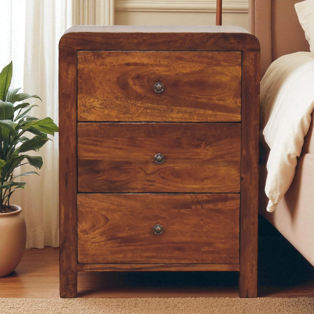 Aspen 3 Drawer Bedside, Solid Wood Brown