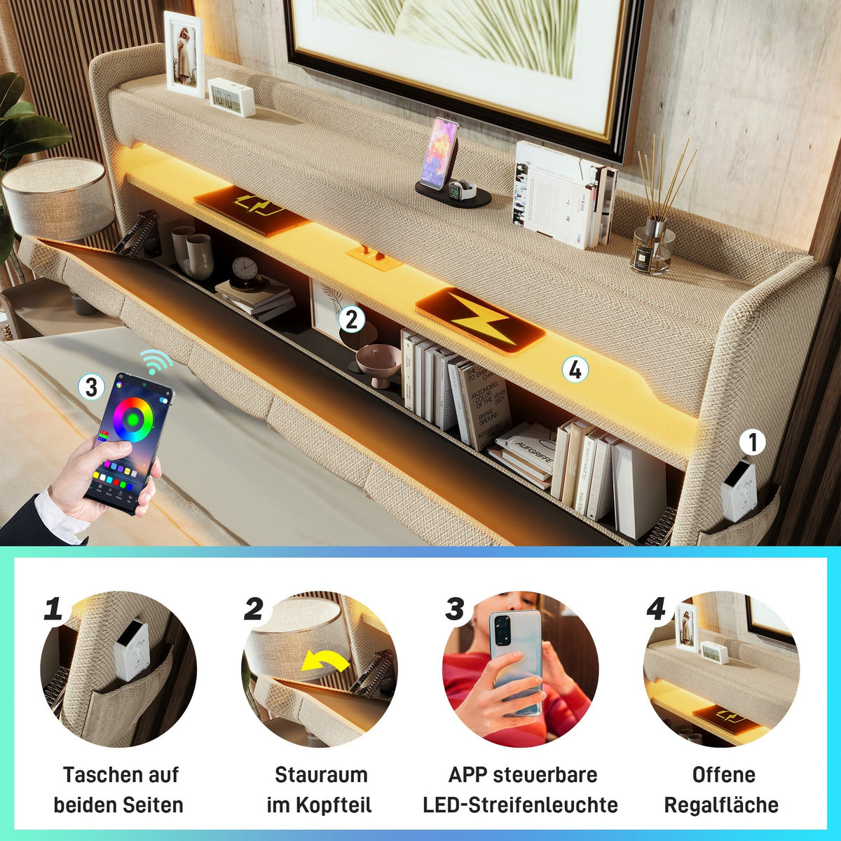 Upholstered Double Bed 160*200, Hydraulic Storage & LED Headboard with USB & Type-C, Beige Linen