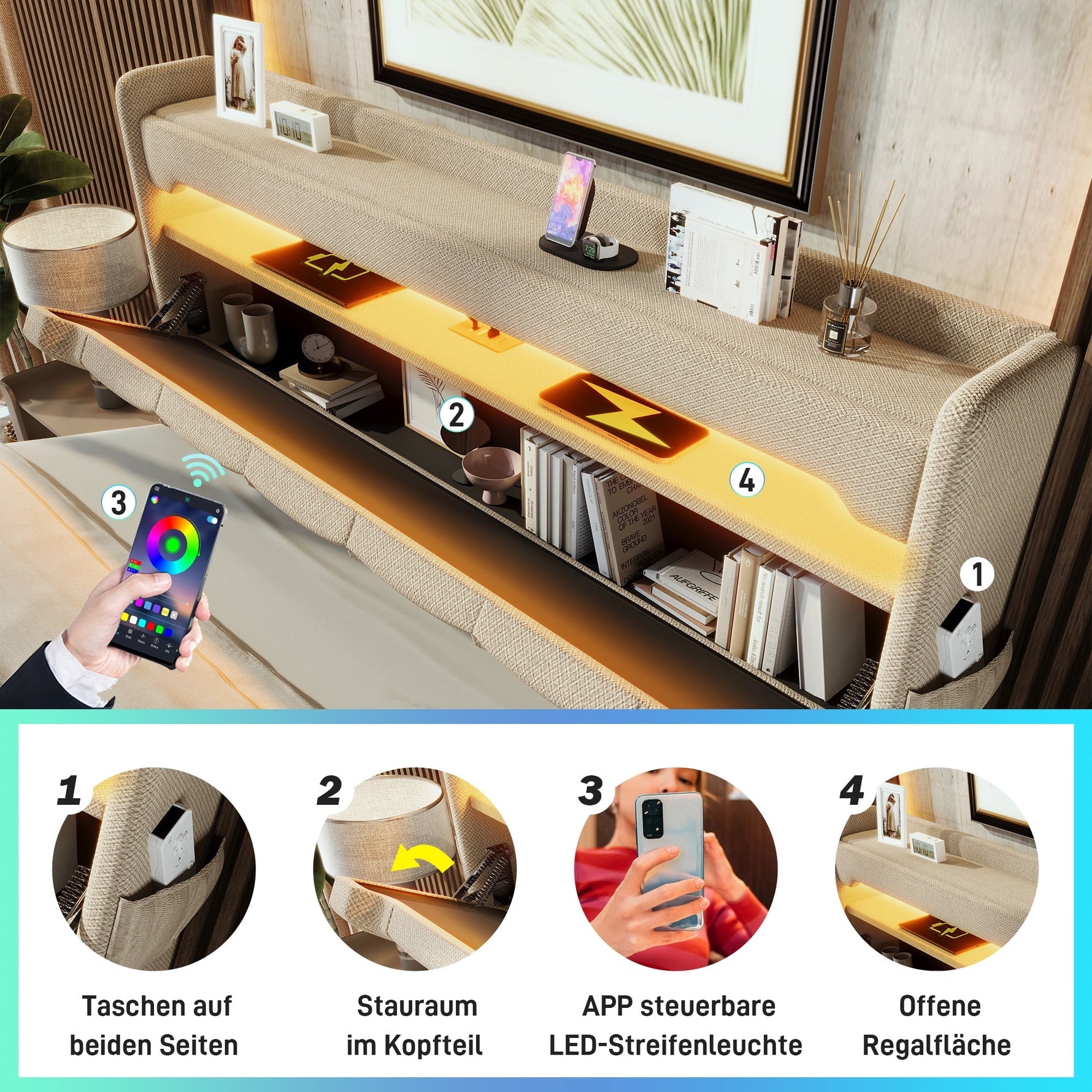 Upholstered Double Bed with Hydraulic Storage, USB Ports and LED Lighting, 140x190cm, Beige Linen