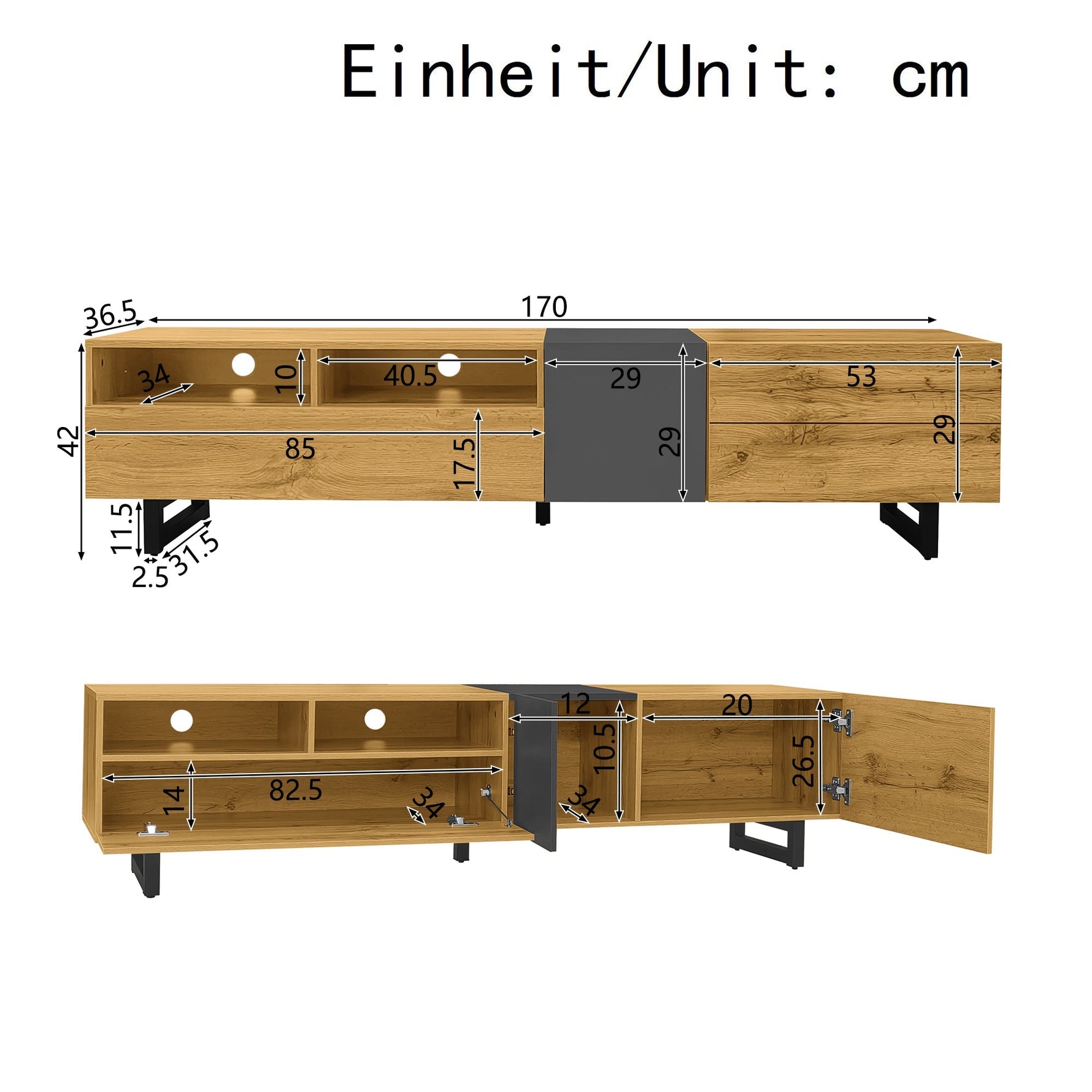 Colorblock TV Cabinet, 3 Doors 2 Compartments U-shaped Metal Legs, Retro Wood Grain