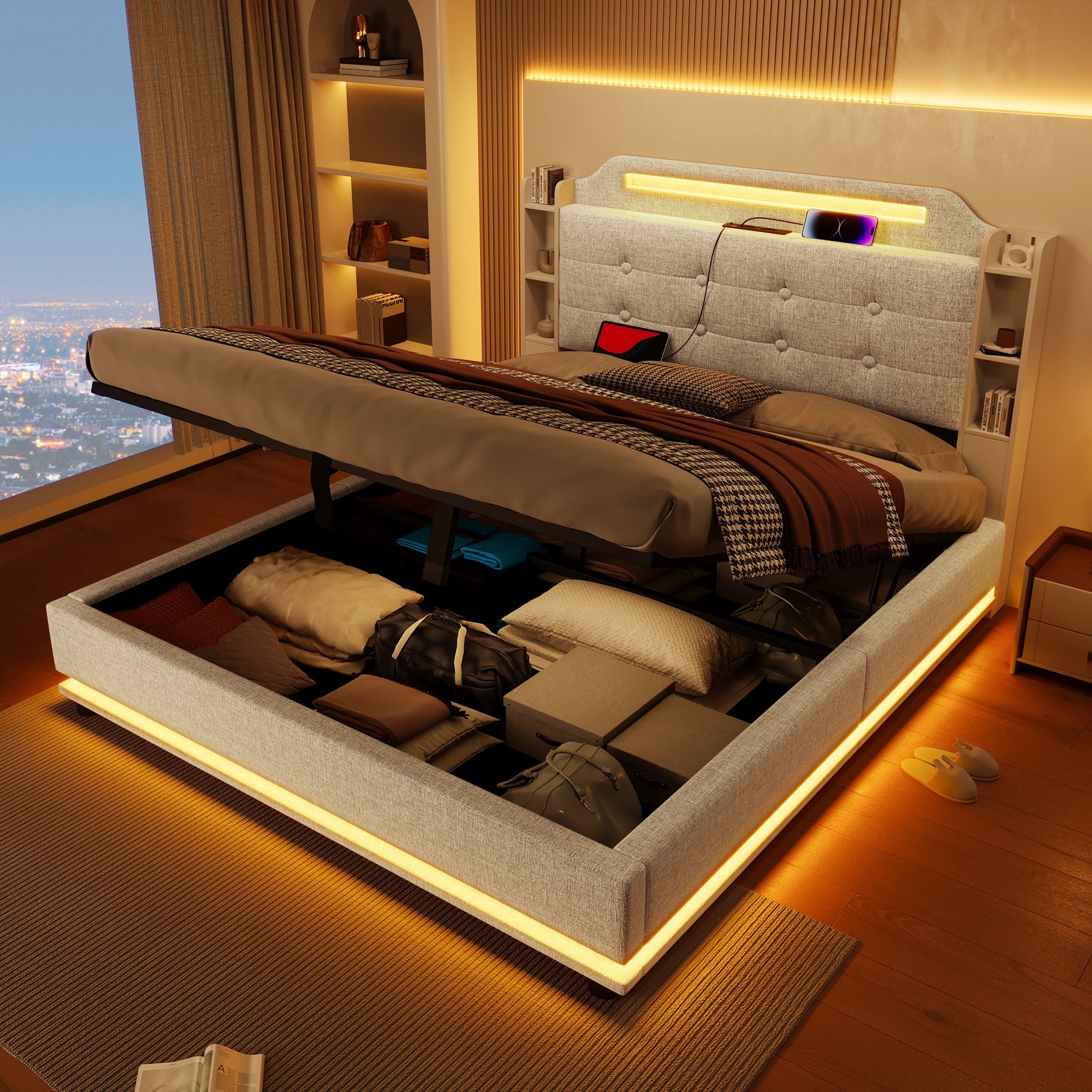 Upholstered Bed 140x200cm Hydraulic Storage LED USB/Type-C Linen Beige