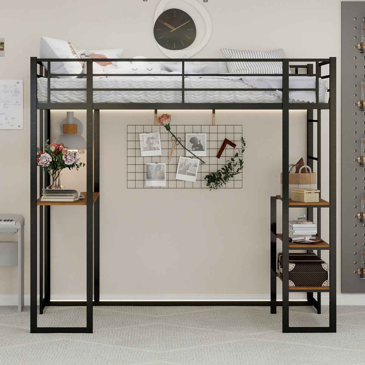 Iron Frame Bed, L-Shaped Desk, Railing & Reversible Stairs, Metal