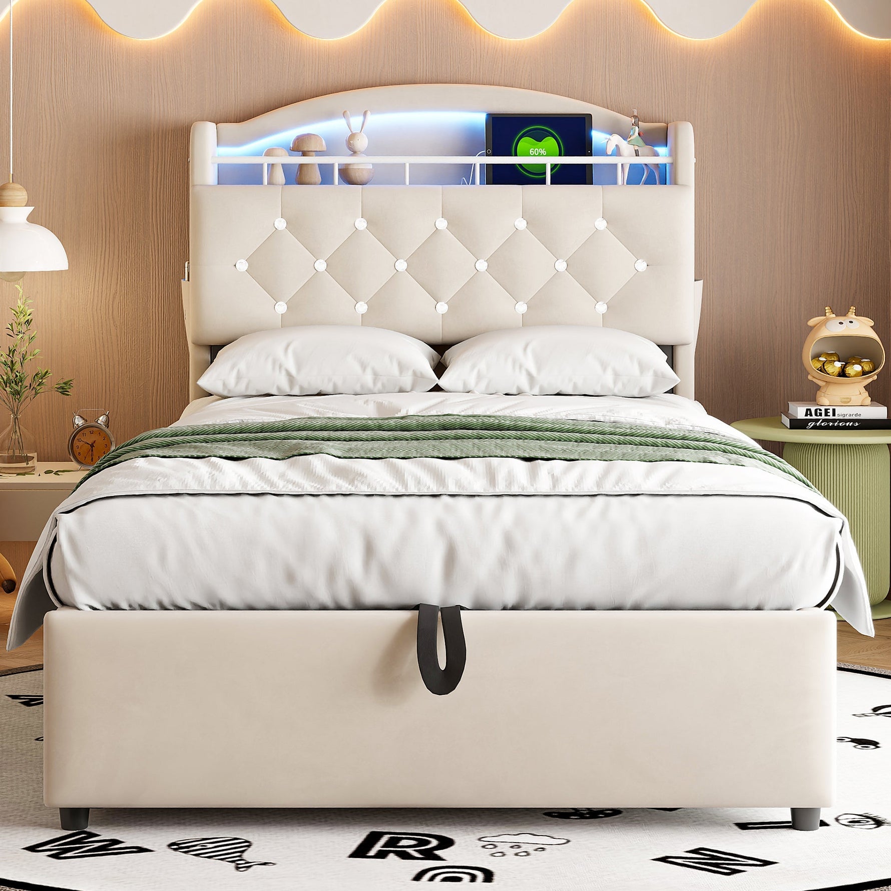 Children's Upholstered Bed 90x200, Multifunctional with Storage, LED & USB, Velvet Beige