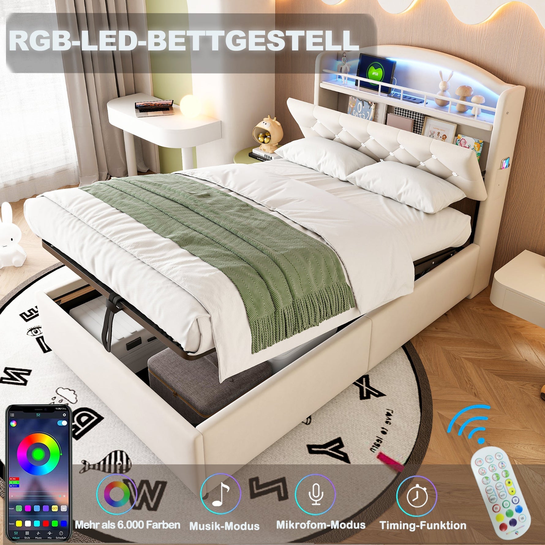Children's Upholstered Bed 90x200, Multifunctional with Storage, LED & USB, Velvet Beige