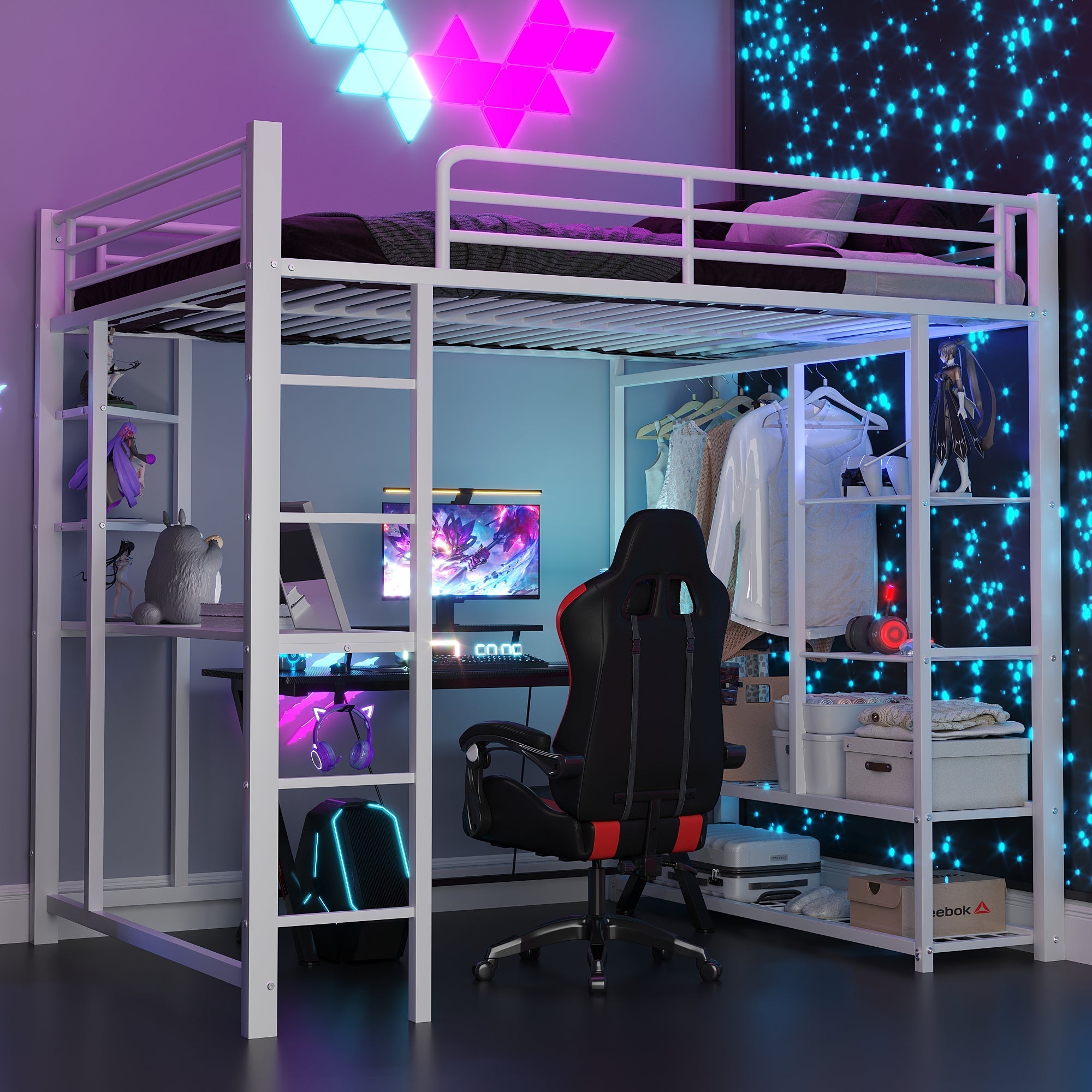 Metal Loft Bed, 140x200cm Junior Double with Desk & Storage, White