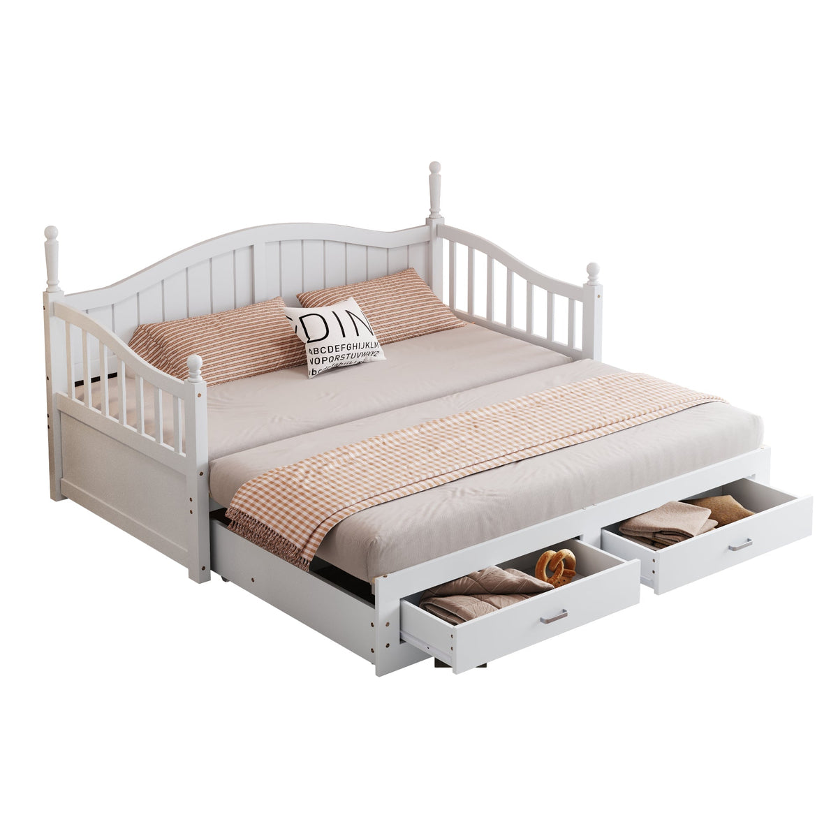 Sofa Bed, Pull-Out Multifunctional with Drawers & Slatted Frame, Pinewood White