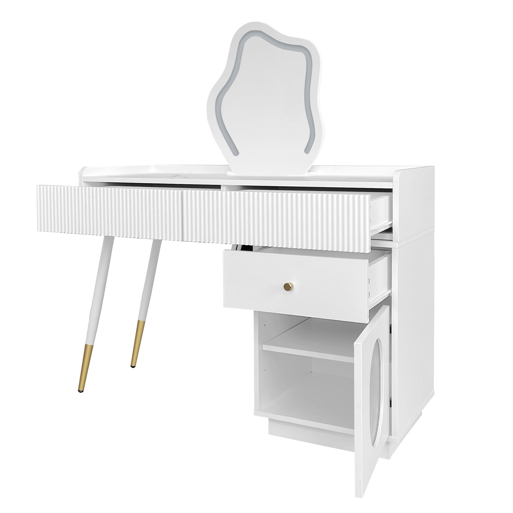 Dressing table with LED mirror and lighting, 3 drawers 1 door, white