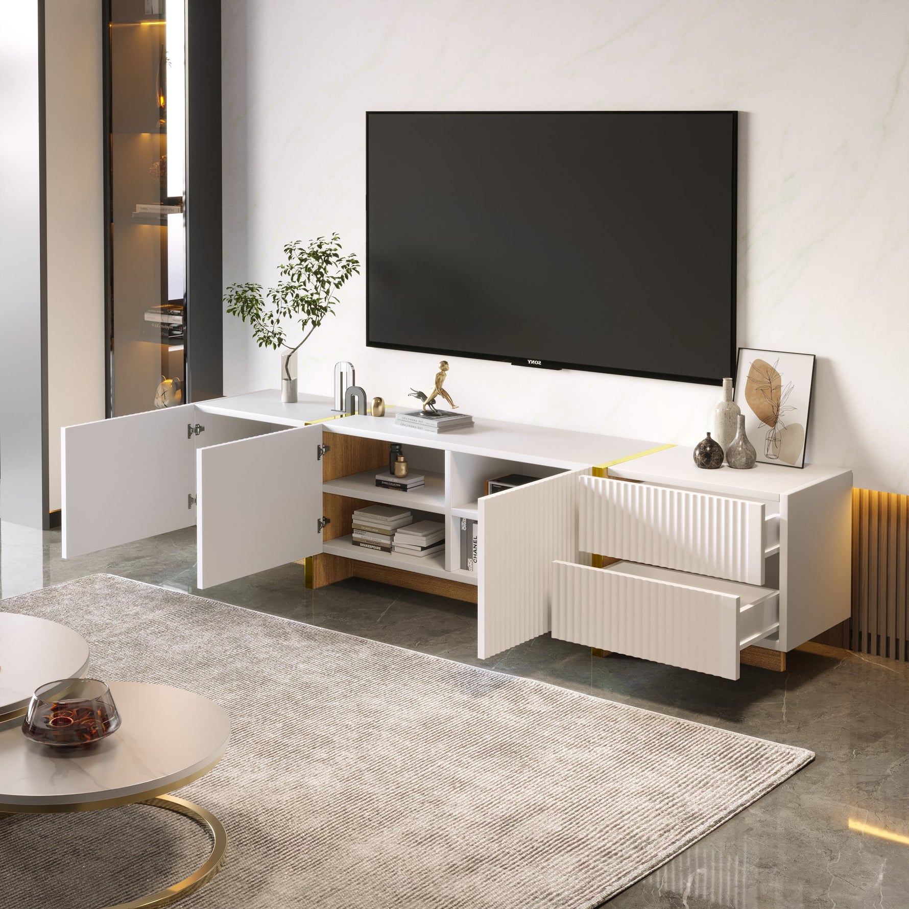 TV Cabinet, 190cm 3 Doors 2 Drawers, White with Gold & Wood Grain