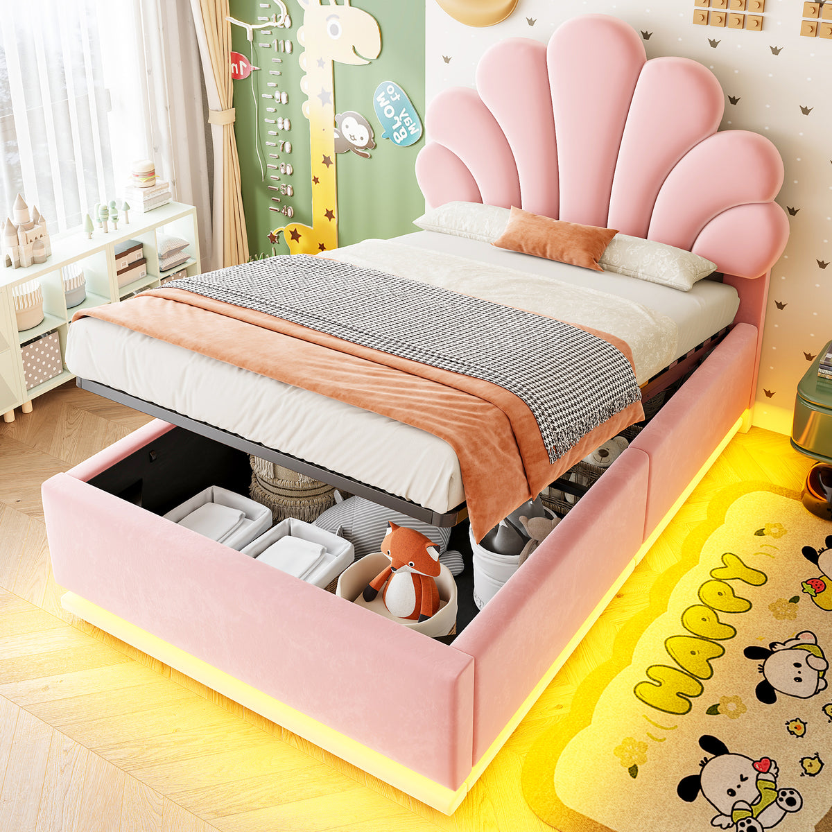 Upholstered Bed 90x200cm, Flower Headboard & Storage, Pink Velvet