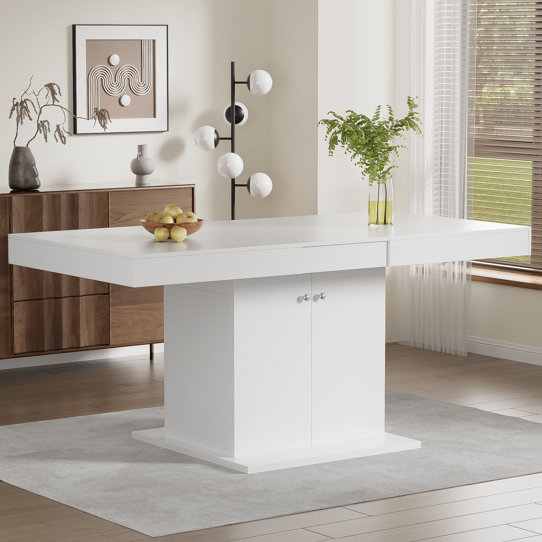 Extendable Dining Table with Storage and Automatic Telescopic Function, White