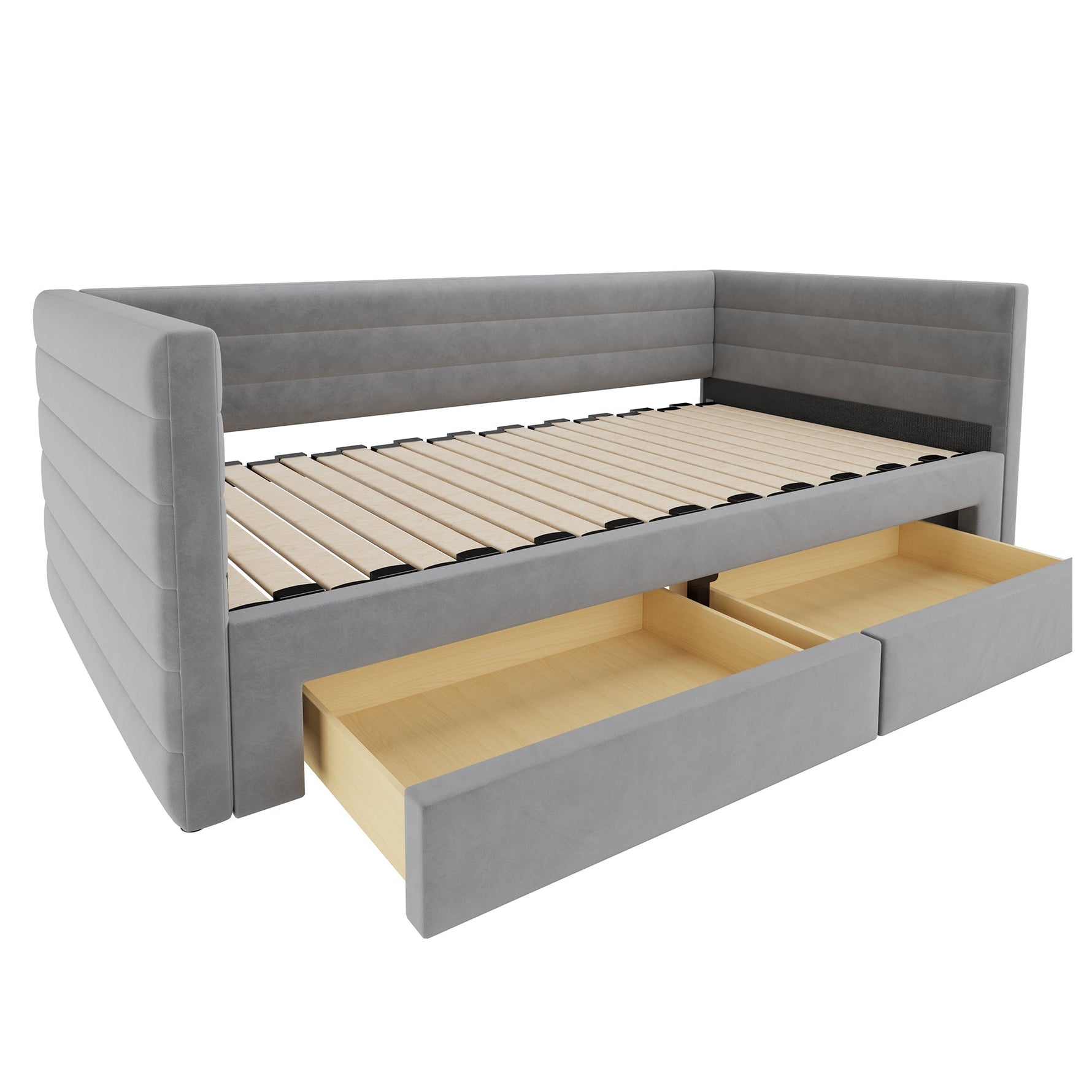 3-in-1 Upholstered Sofa Bed, Extendable with Drawers and Slatted Base, Grey Cotton and Linen