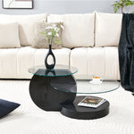 Modern Minimalist Coffee Table with Two-Layer Safety Glass and Multi-Tiered Design, Black Wood Grain Finish