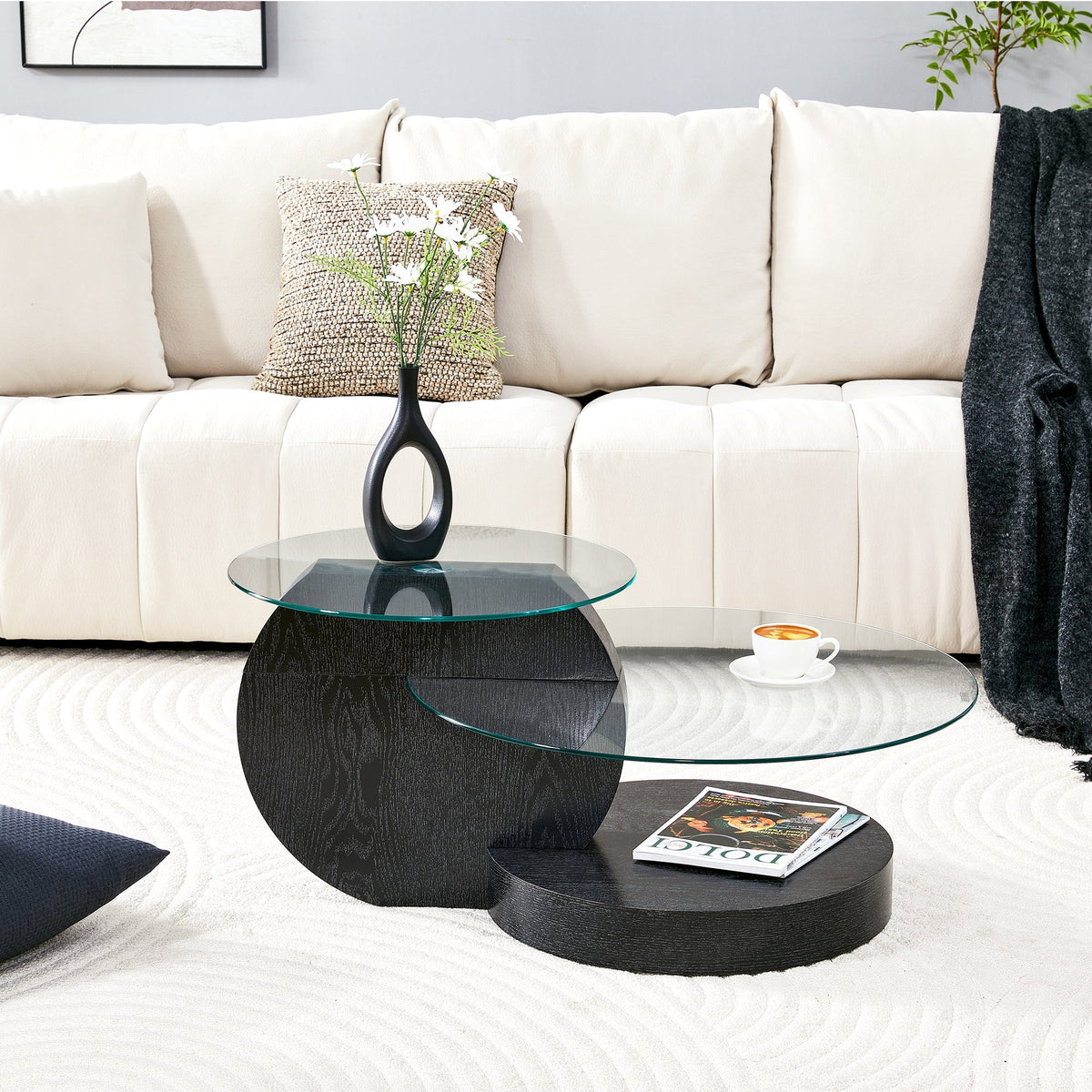 Modern Minimalist Coffee Table with Two-Layer Safety Glass and Multi-Tiered Design, Black Wood Grain Finish