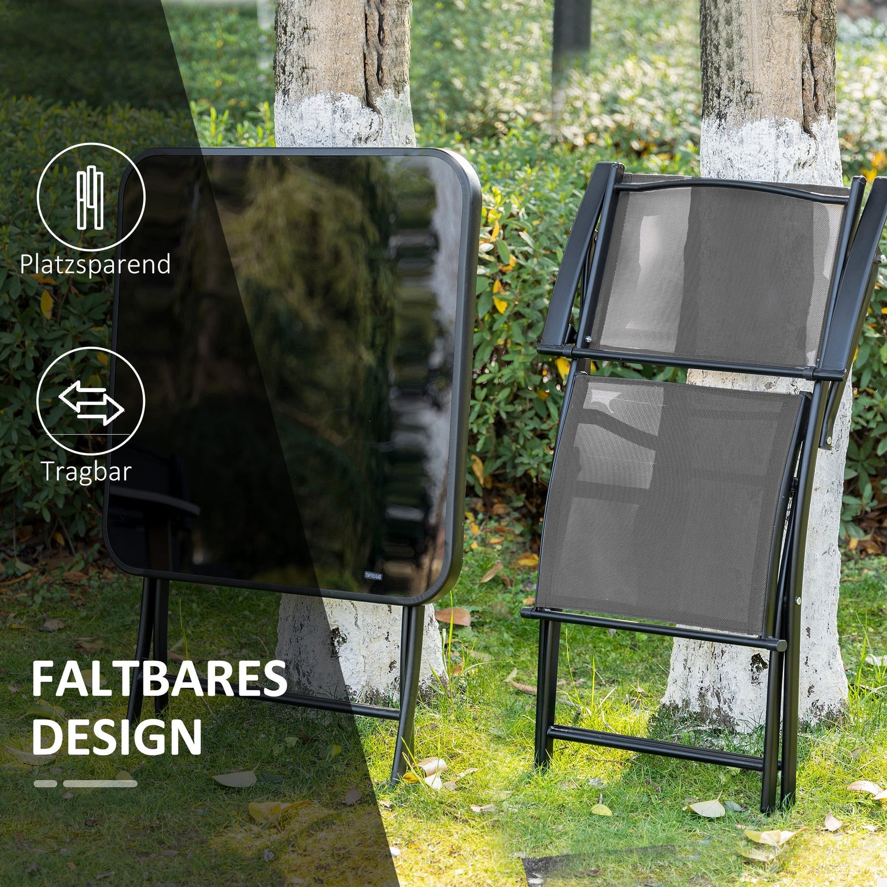 Folding Balcony Set, 2-Person Table & Chairs, Metal Mesh, Black & Grey