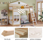 Bunk House Bed with Stairs & Roof 90x200cm, White & Natural