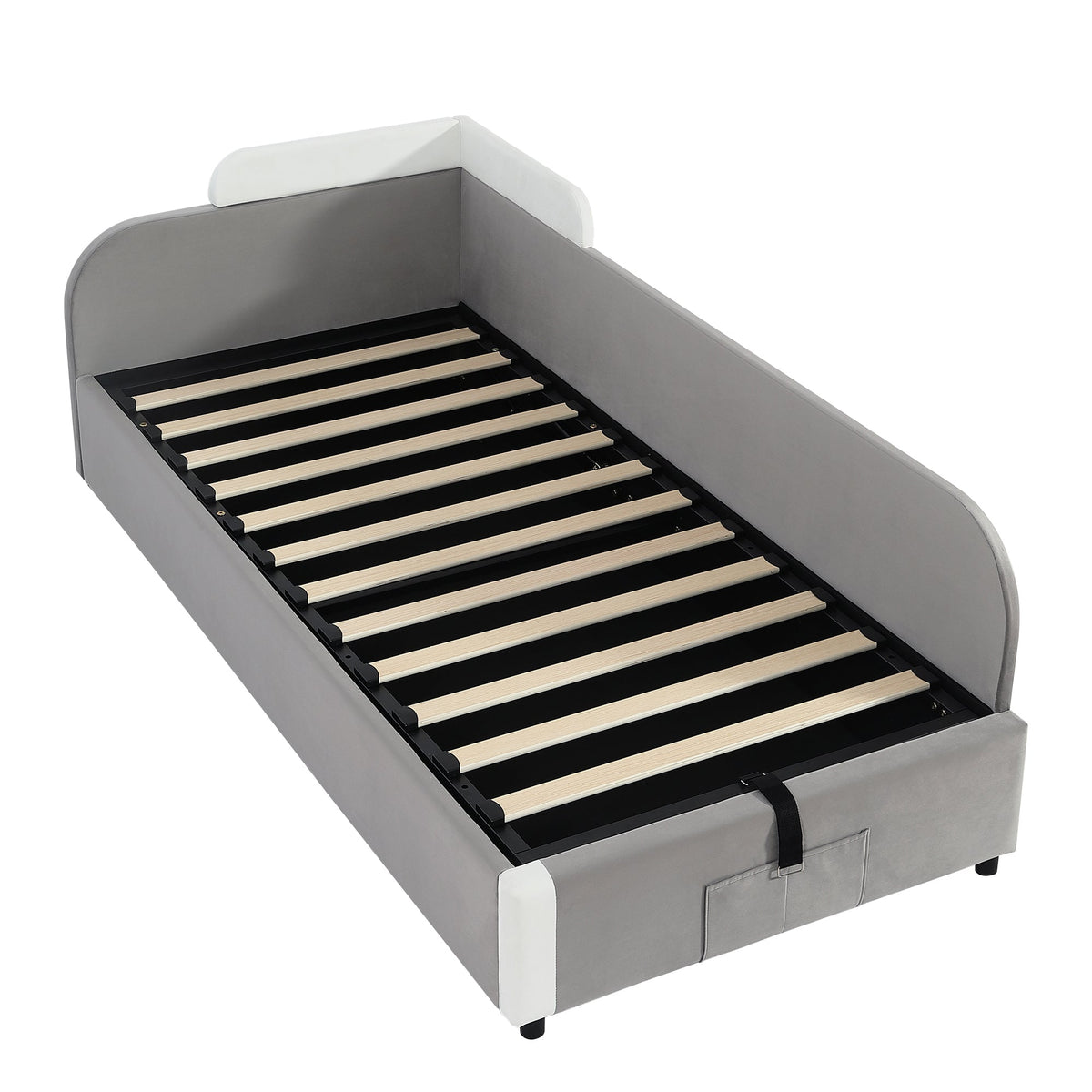 Hydraulic Bed, Storage Space, Raised Soft Fence, Velvet + Plywood, Grey