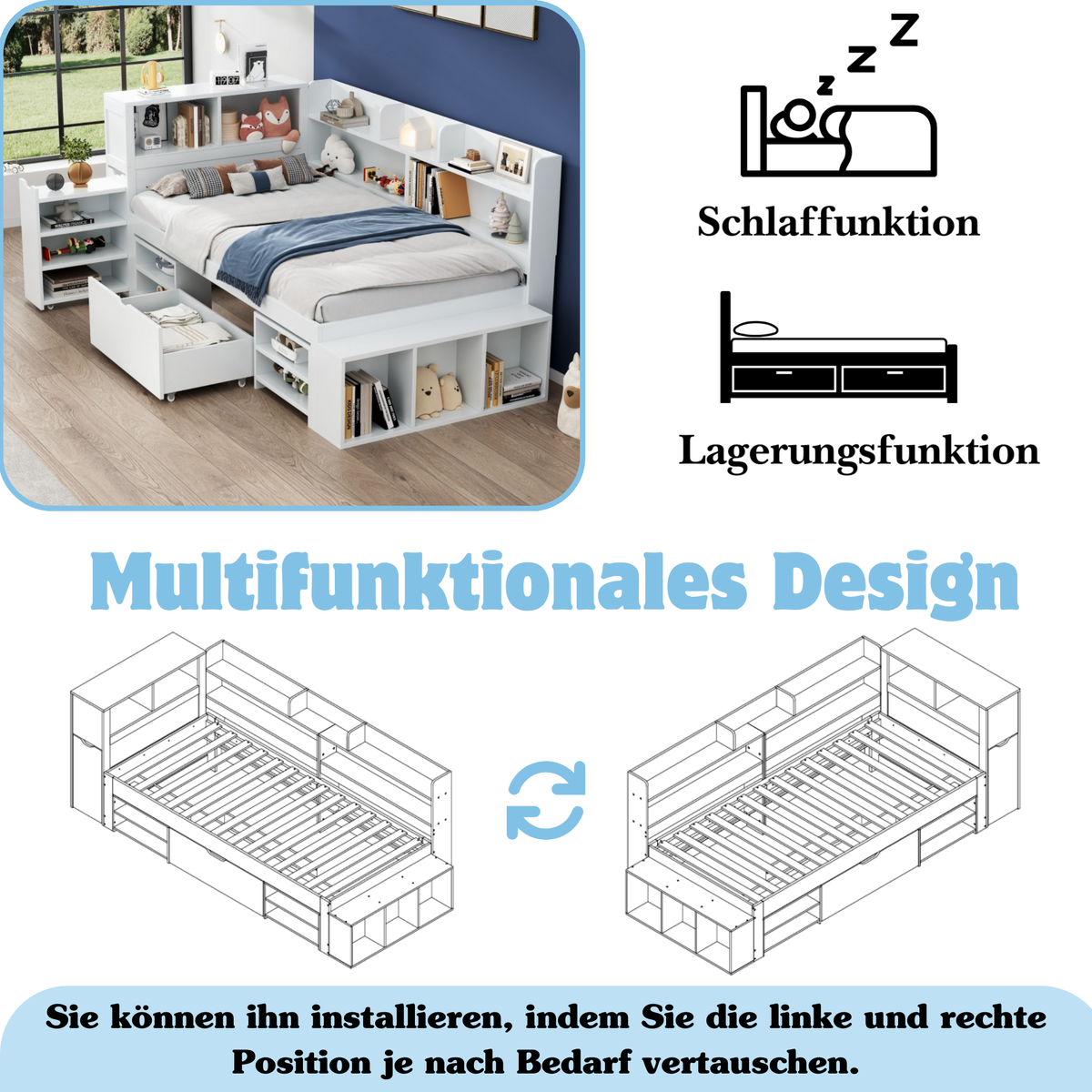 Children's Bed 90x200cm with Drawers & Bookshelf, White