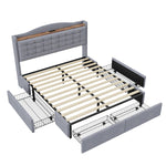 Upholstered Bed 140x200cm with USB & Storage, 4-Drawer, Linen Fabric Gray