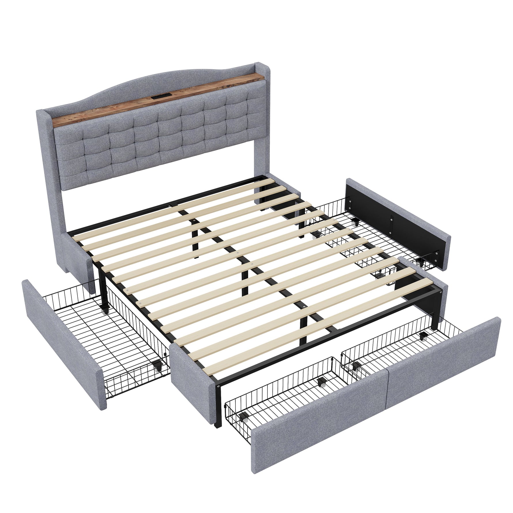 Upholstered Bed 140x200cm with USB & Storage, 4-Drawer, Linen Fabric Gray