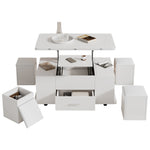 Coffee Table, Height-Adjustable 4-in-1 Multifunctional with Drawers and 4 Stools, White