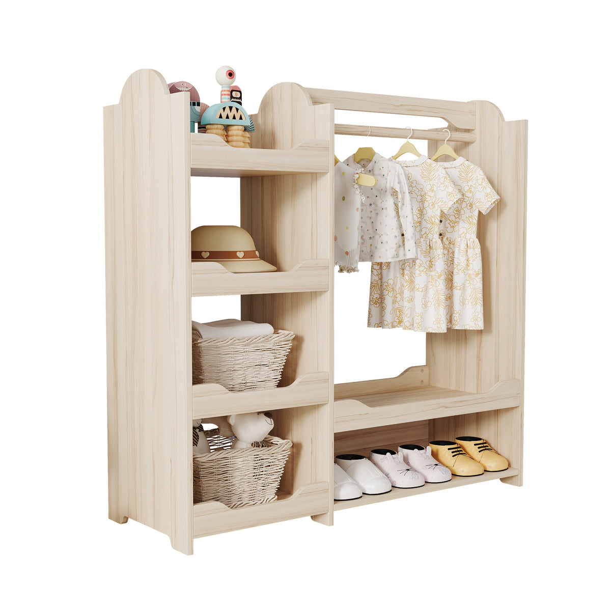 Children's Wardrobe Freestanding with Clothes Rail & 4 Shelves, Natural Wood