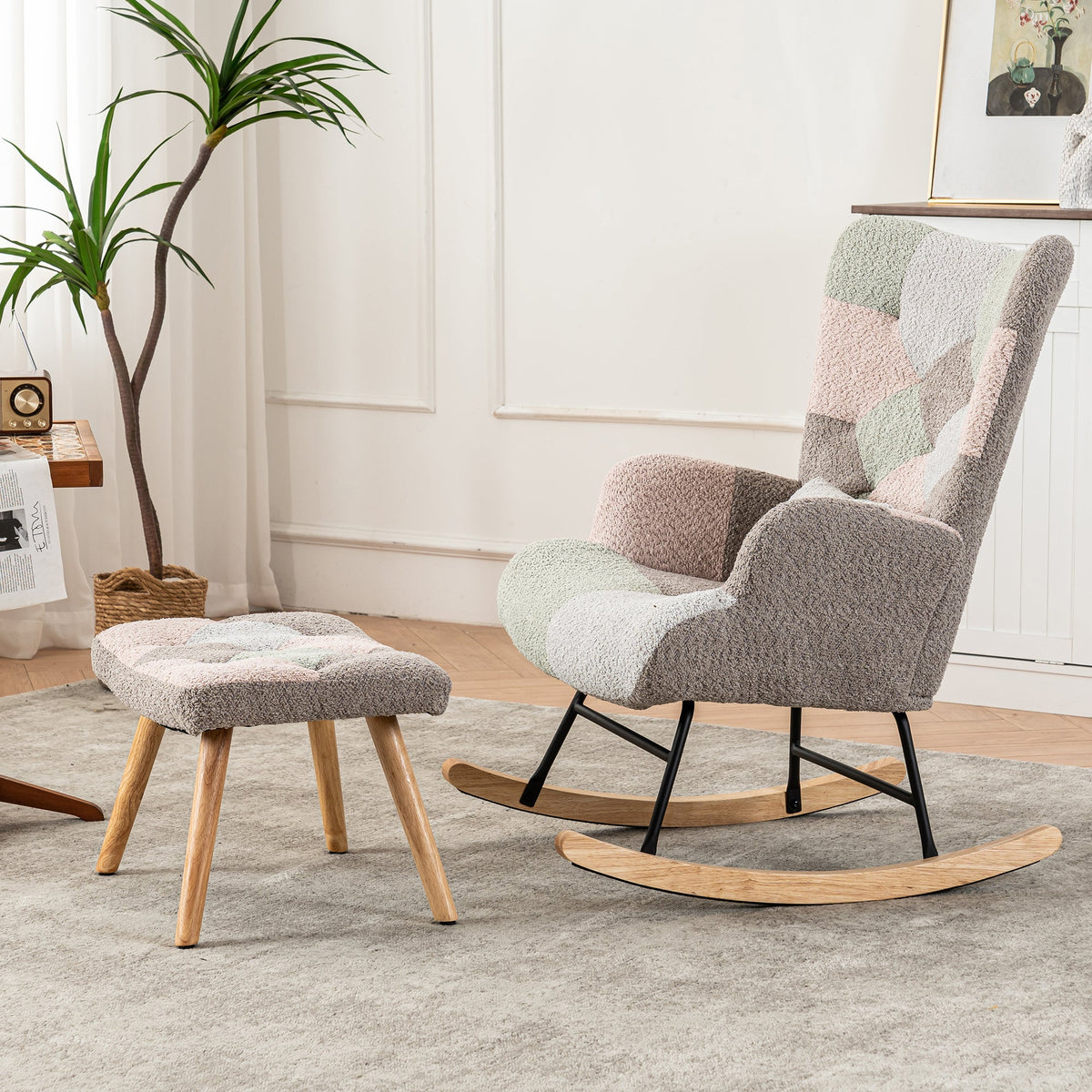 Rocking Chair with Footrest & Lumbar Cushion, Sturdy Rubberwood, Multicolored
