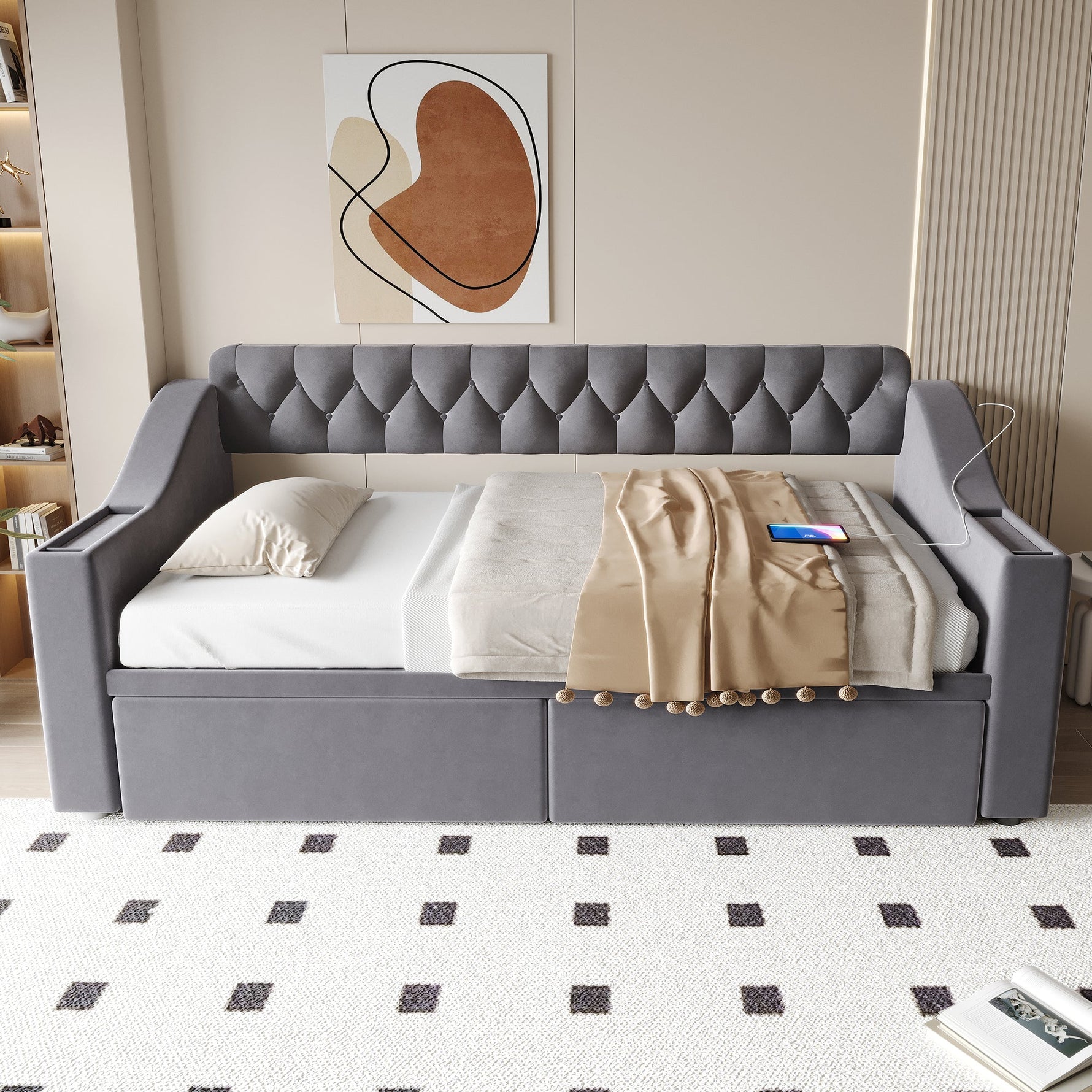 Upholstered Sofa Bed with USB Port and Storage Drawers, Dark Grey Velvet