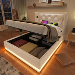 Upholstered Single Bed, Hydraulic Storage with USB & LED, White PU