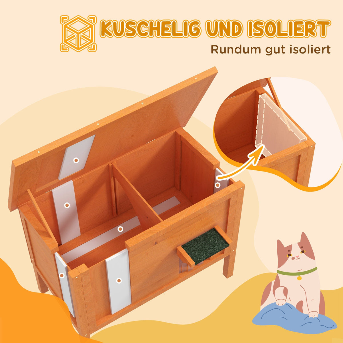 Wooden Cat House, Outdoor Insulated Elevated, Orange
