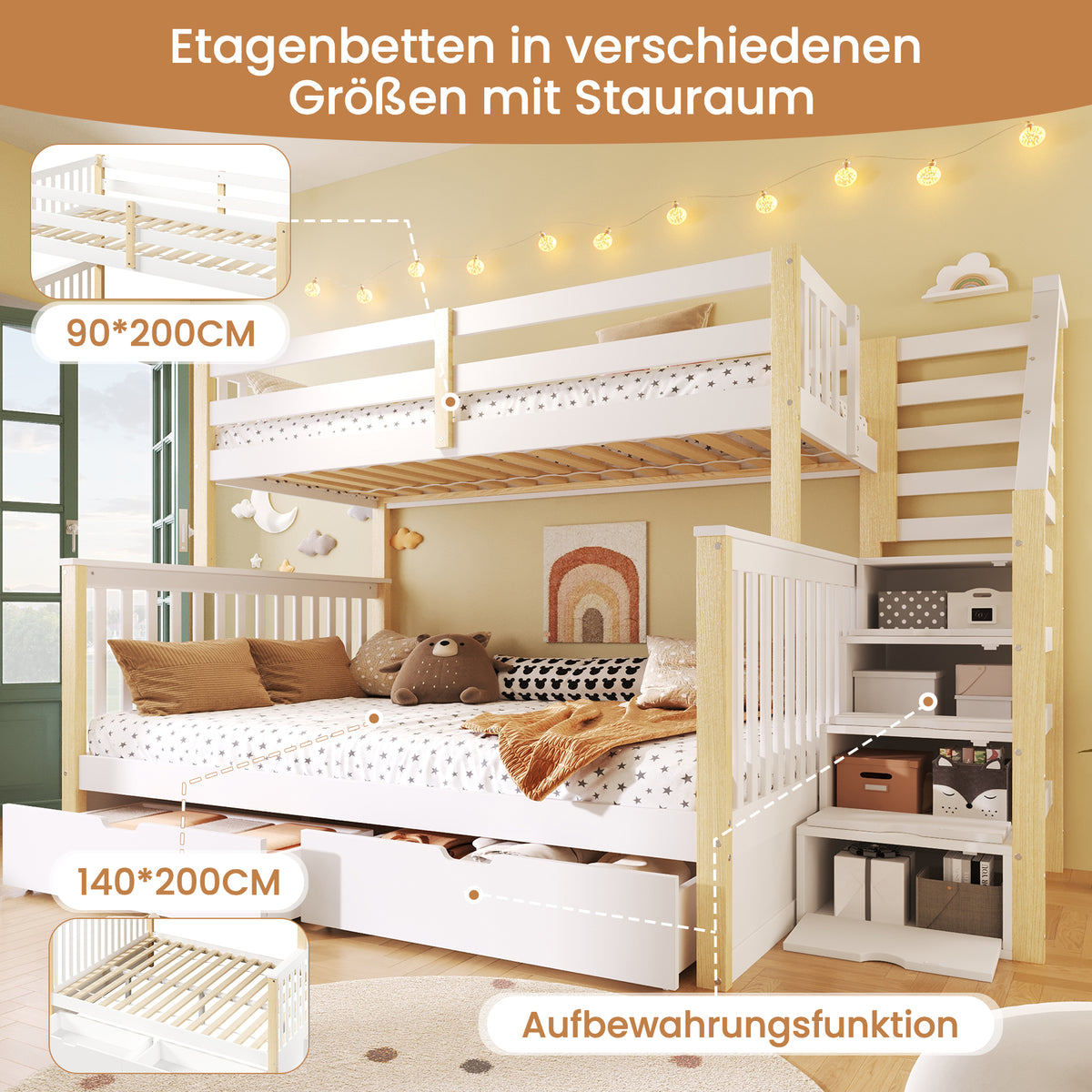 Iron Bunk Bed with Ladder & Storage, 120x200cm, Black Iron & MDF