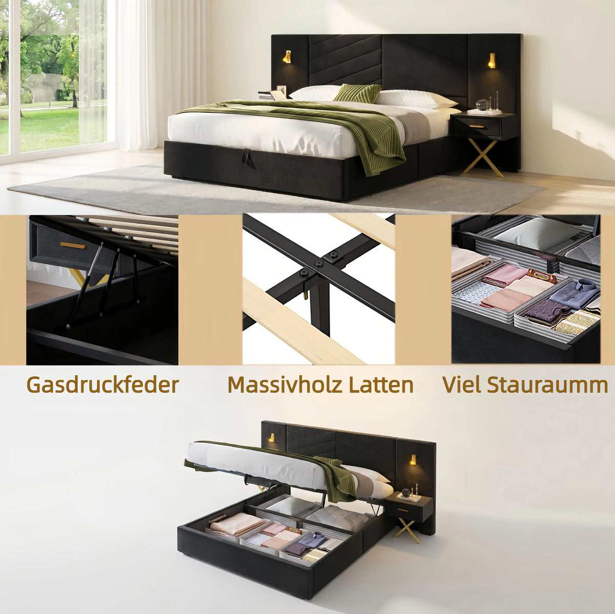 Adjustable Bed Frame with Storage Benches & LED Lights, Velvet