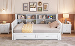 Sofa Bed, Pull-Out Solid Wood with Storage, Drawers & Slatted Frame, White