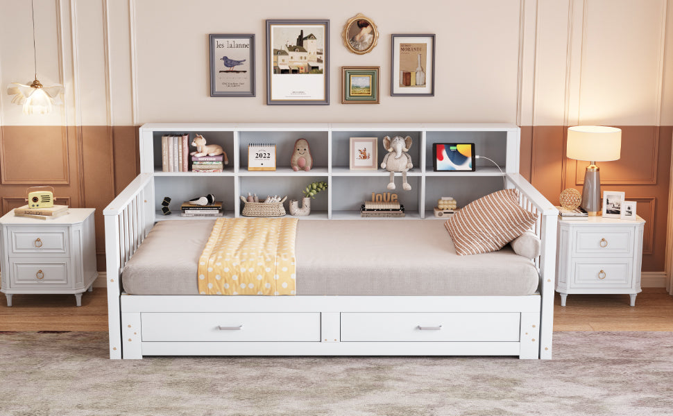 Sofa Bed, Pull-Out Solid Wood with Storage, Drawers & Slatted Frame, White