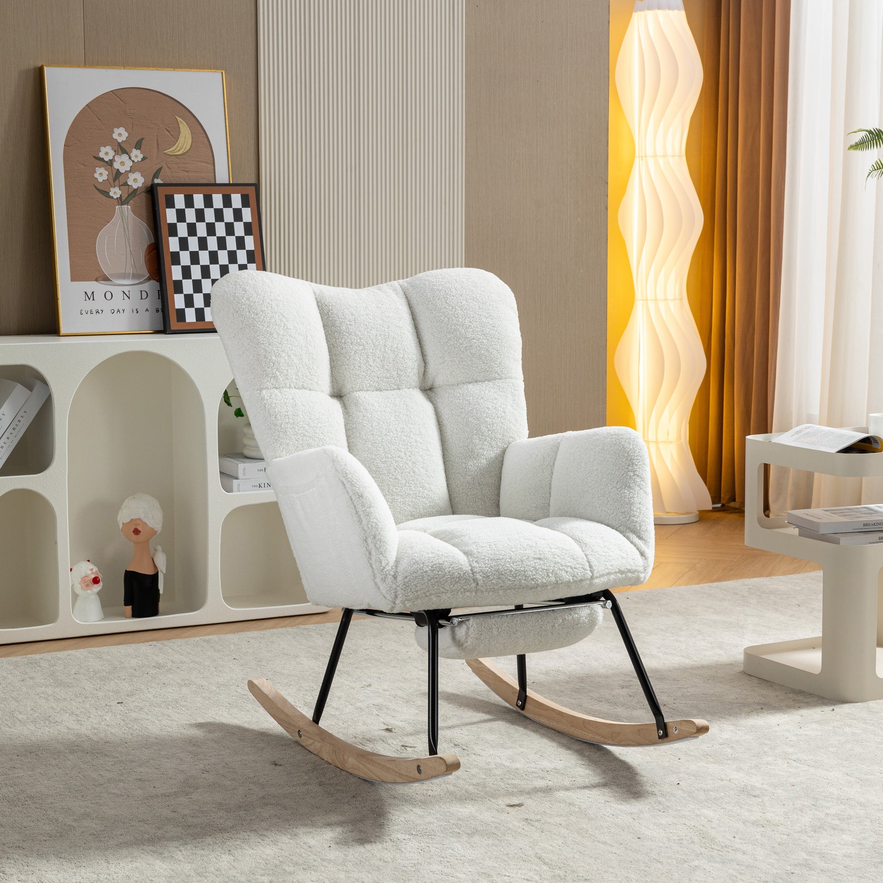 009B Rocking Chair, Upholstered with Retractable Footrest, White Teddy Fabric