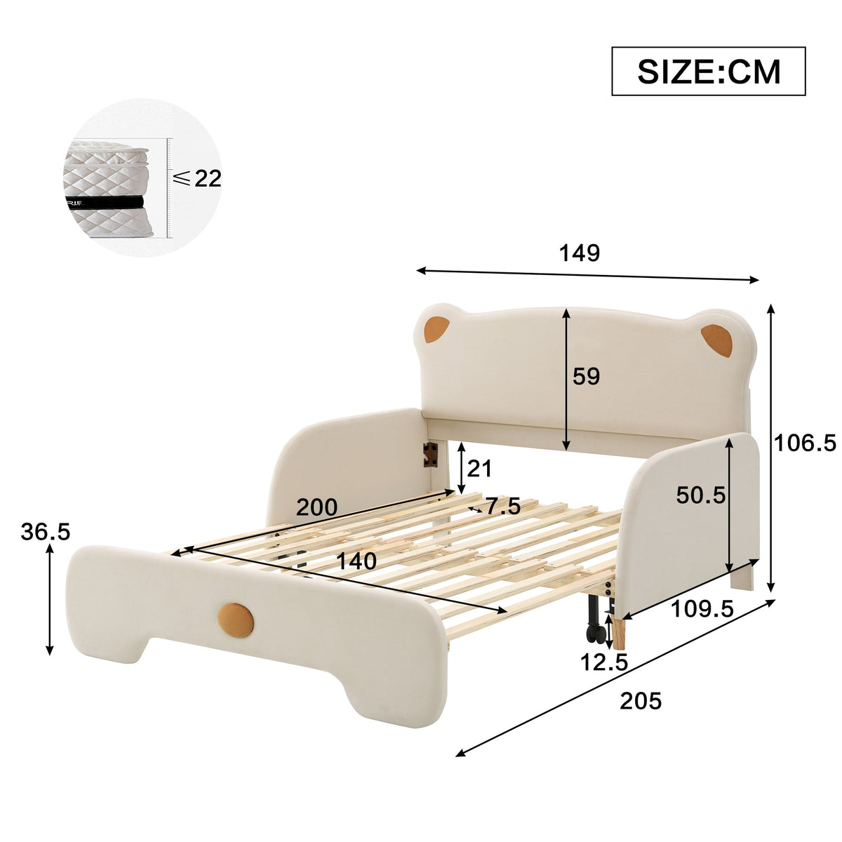 Bear Double Bed, Upholstered Children's Day Pull-out Bed, Velvet Beige