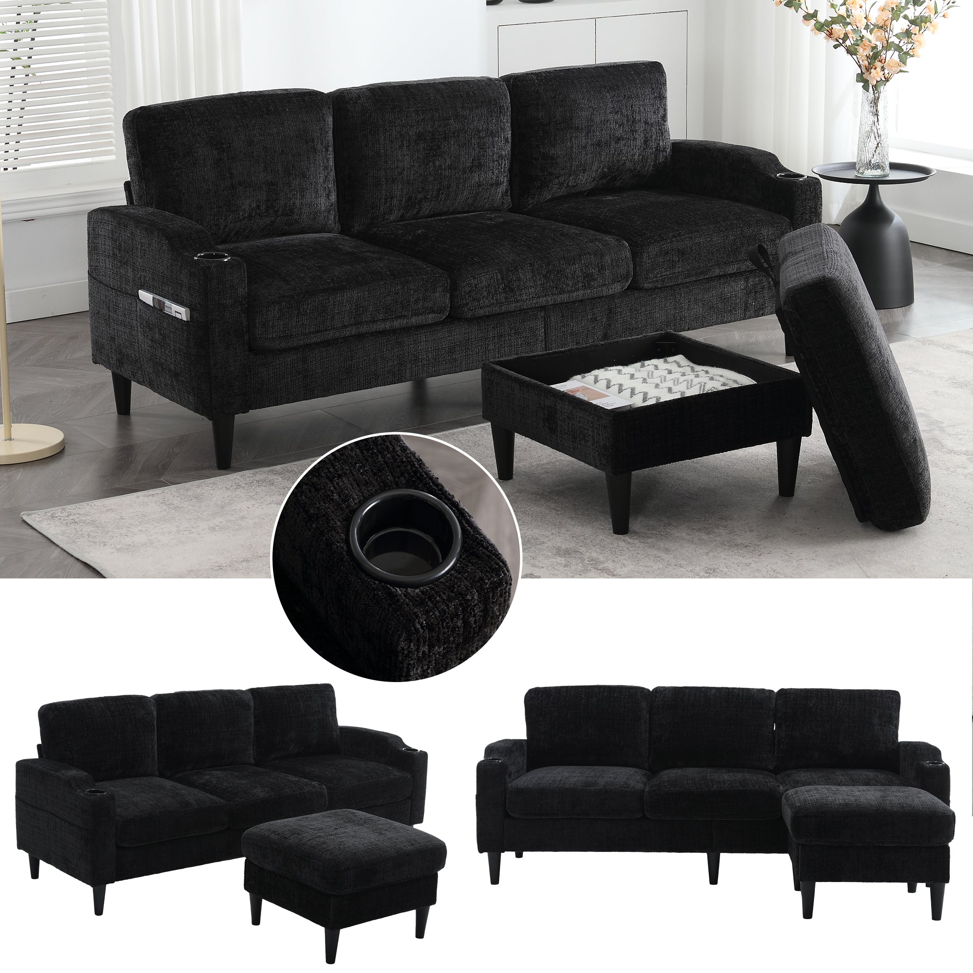 Sofa with Footstool & Storage, 4-Seater with Cup Holder, Velvet