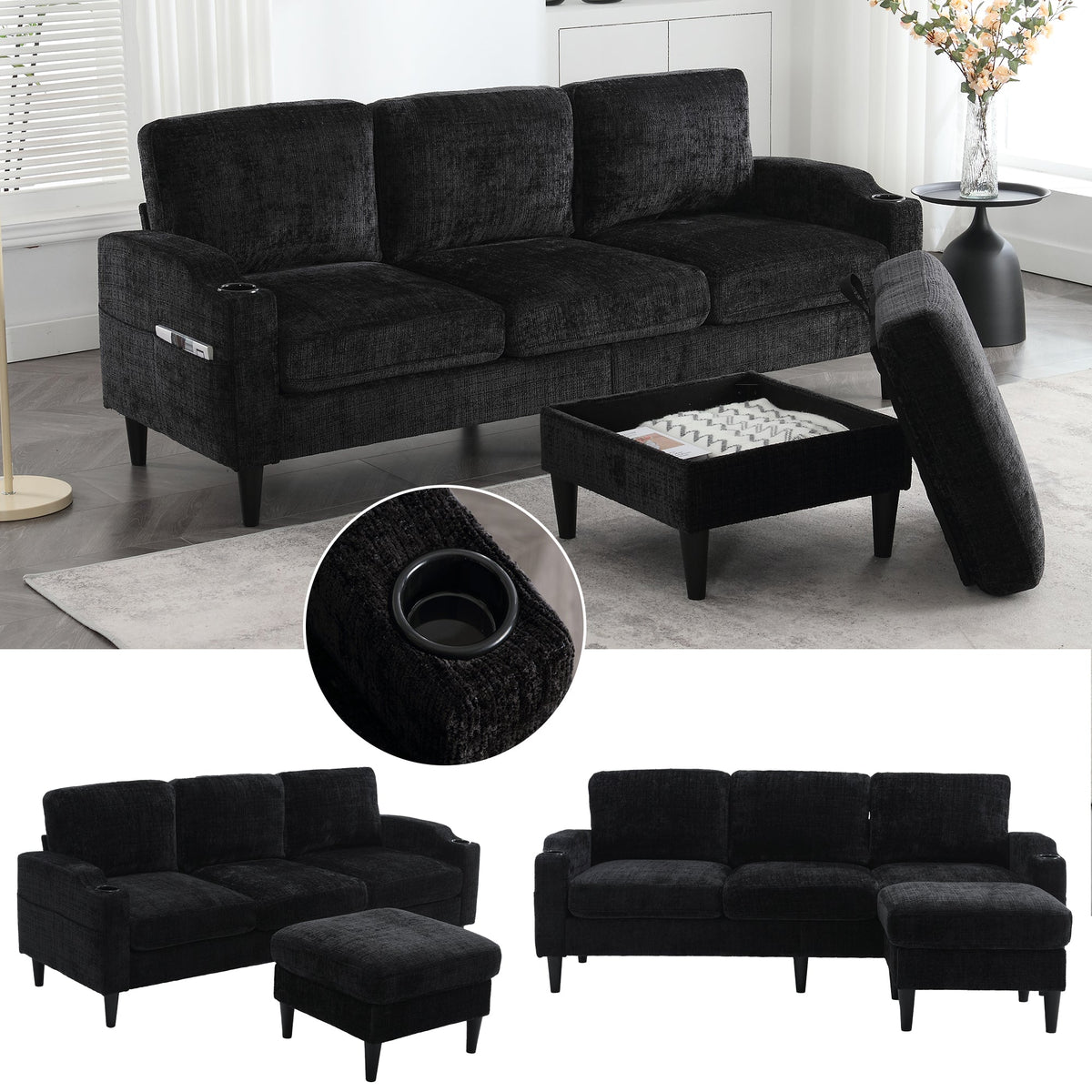 Sofa with Footstool & Storage, 4-Seater with Cup Holder, Velvet