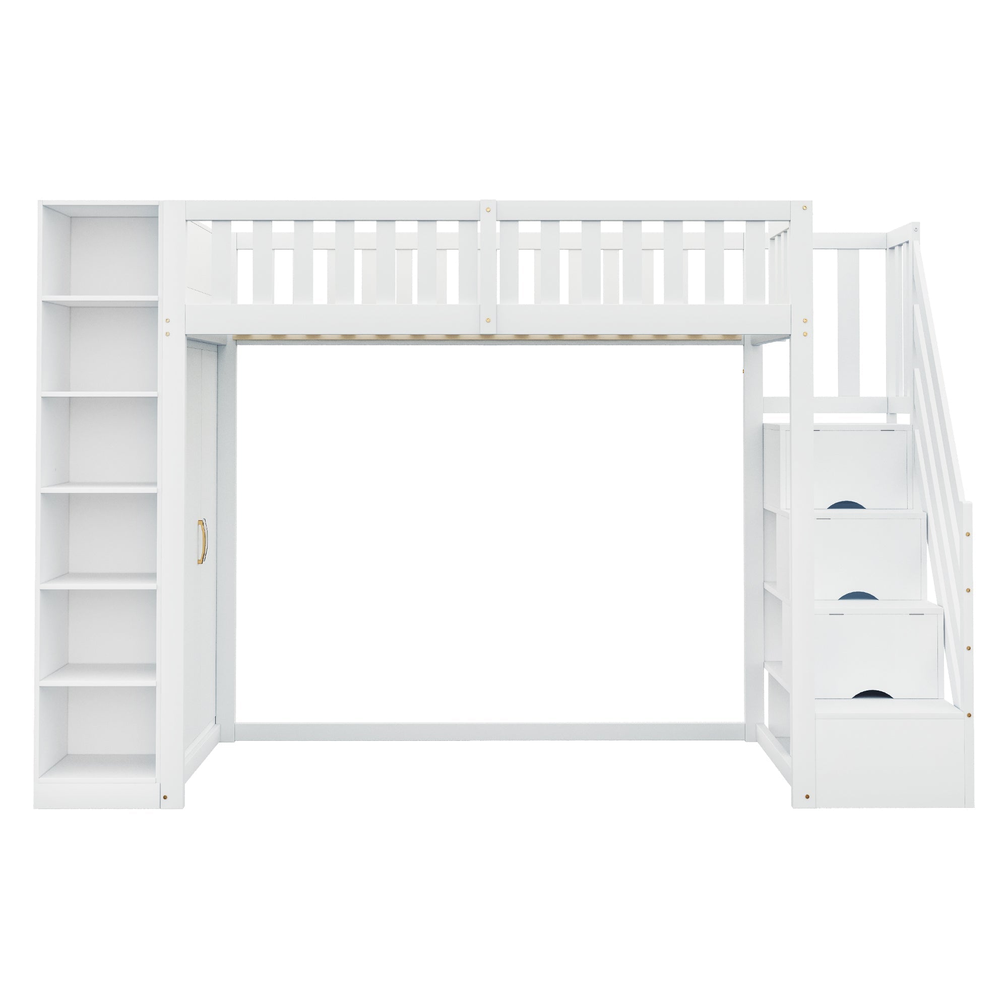 Loft Bed with Storage Stairs, Shelves and Wardrobe, Solid Wood White and Wood Color