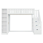 Loft Bed with Storage Stairs, Shelves and Wardrobe, Solid Wood White and Wood Color