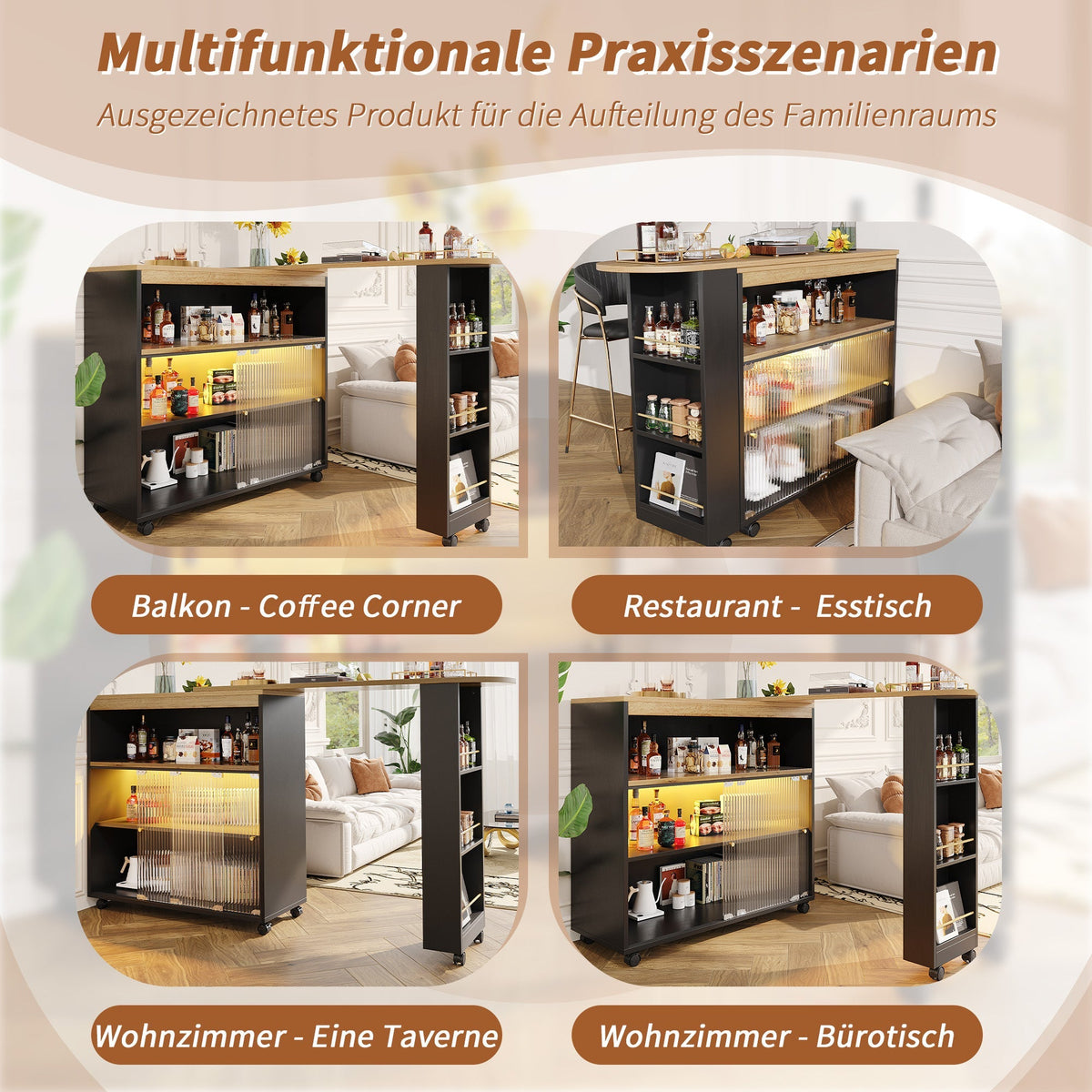 Extendable Bar Table Telescopic with LED Light Storage Cabinet Black