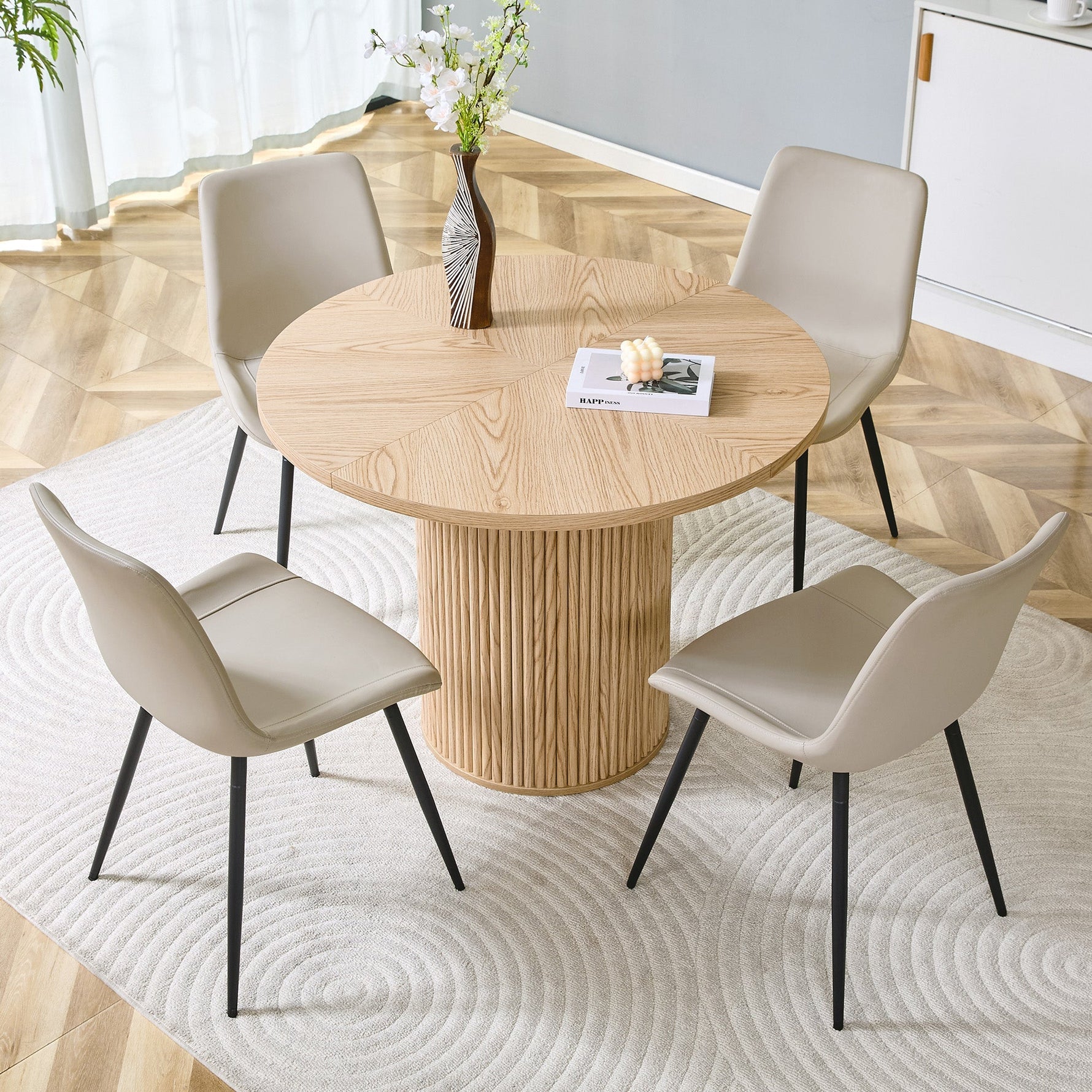 Minimalist Round Dining Set 100cm 4 Chairs Faux Leather - Light Wood/Grey